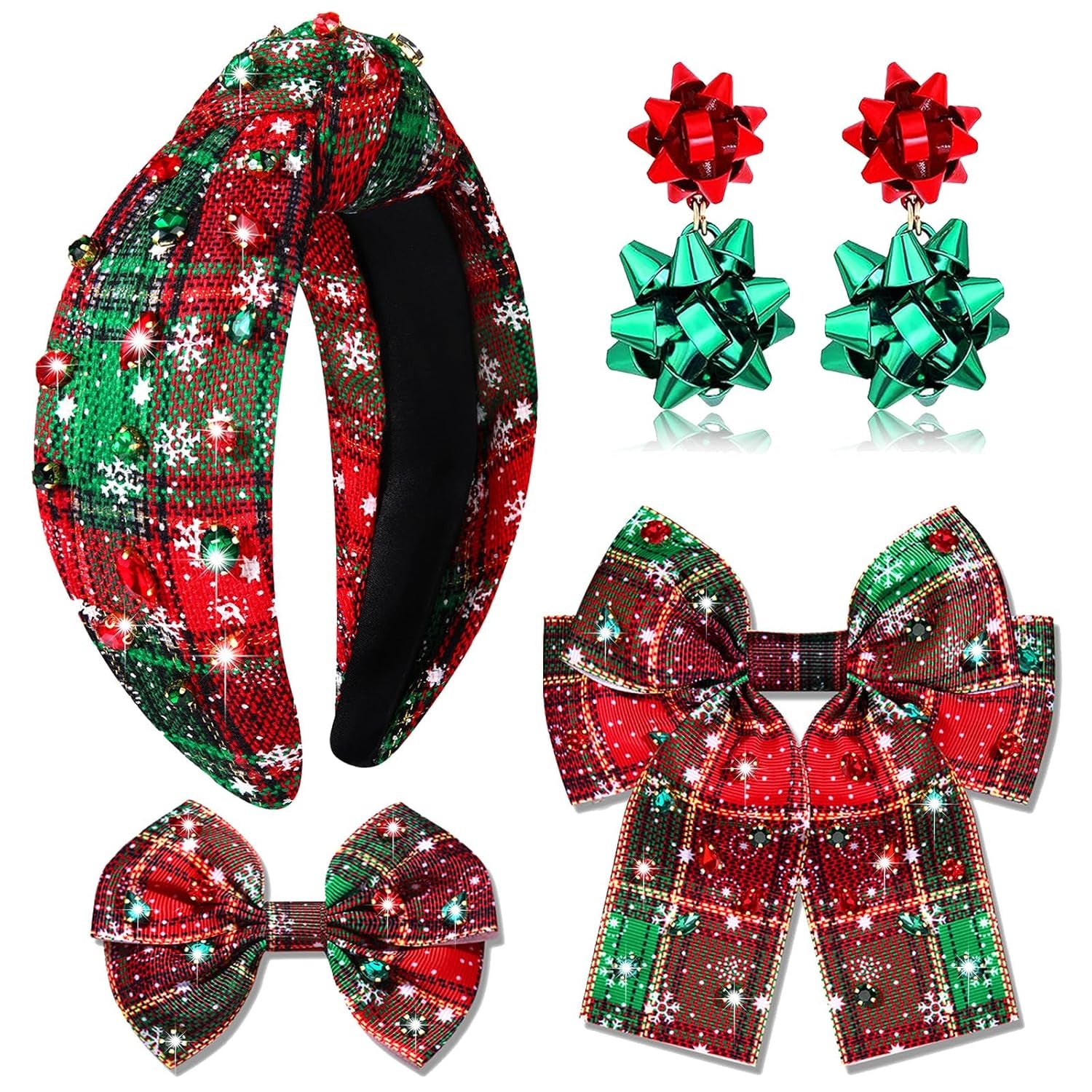Christmas Headbands for Women, Holiday Headbands, Christmas Hair Bows, Red Plaid Headbands Hair Bow Clips, Christmas Outfits Winter Holiday Accessories Gifts (Pattern B)