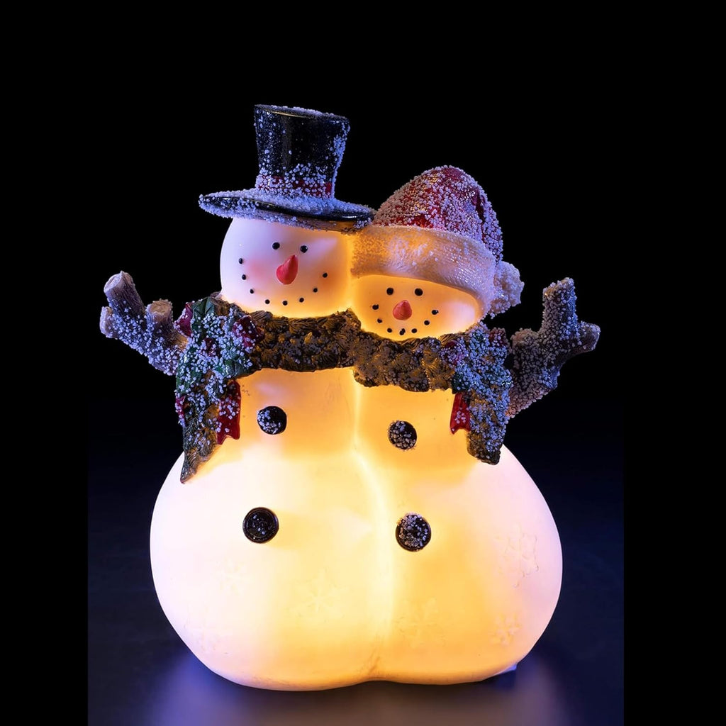 Christmas Snowman Couple Decor - LED Lighted Figurines, Indoor Glowing Holiday Decorations, Festive Fiber Optic Resin Snowman Light Up