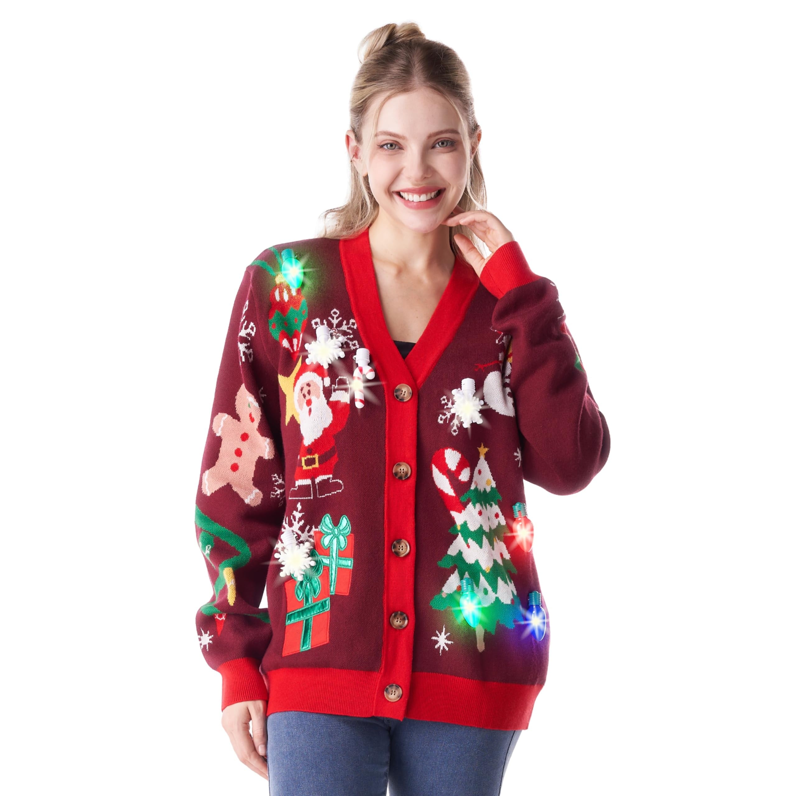 Light up Christmas Sweater Cardigan,Ugly Christmas Sweaters for Women,Funny Rudolph Reindeer Jumper Xmas Sweater for Women