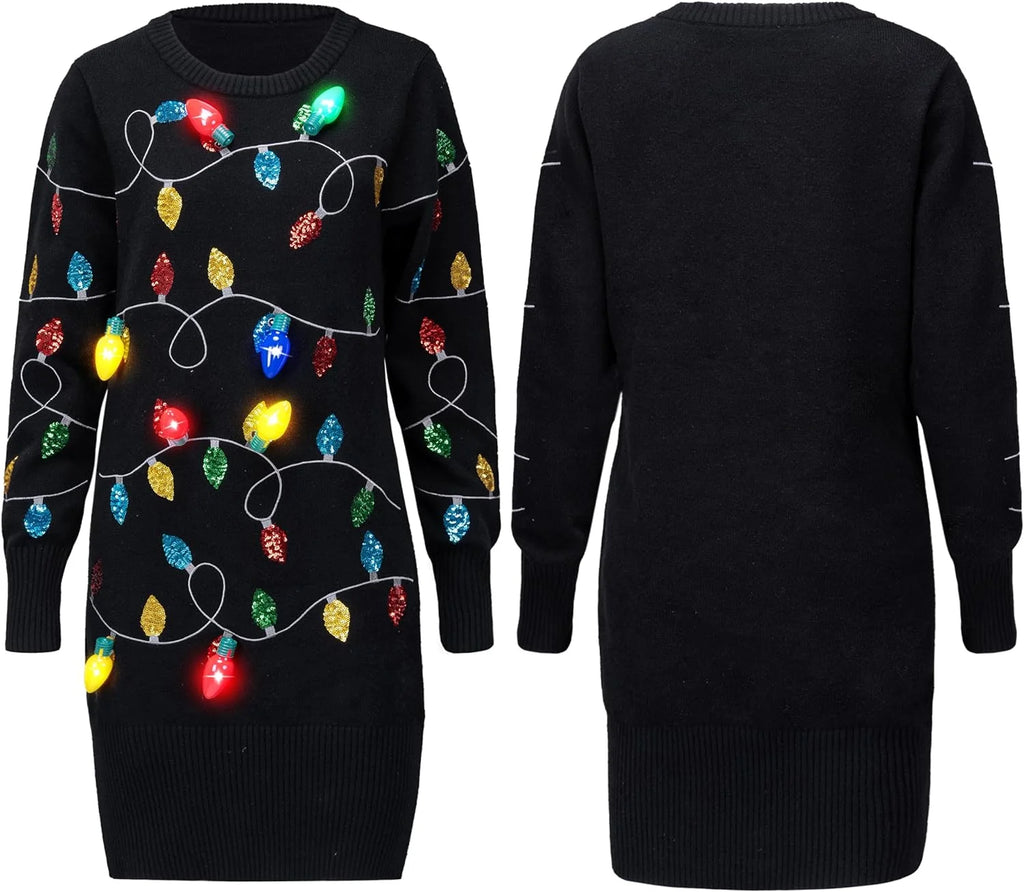 Light up Christmas Sweater Dress,Ugly Christmas Sweaters for Women,Funny Black Long Christmas Dress for Women 2024