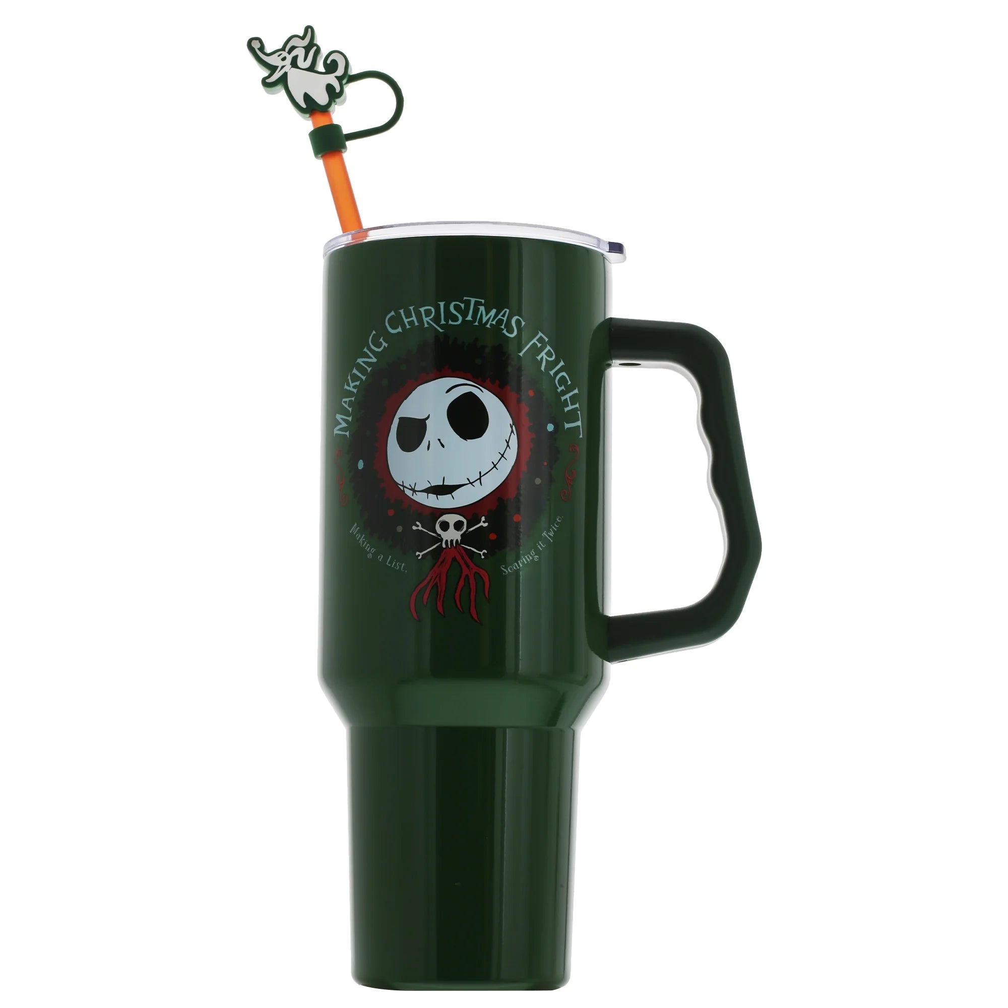 Nightmare before Christmas Holiday Fright Wreath Tumbler with Handle, Straw Cover Cap, Lid and Straw, Stainless Steel, 40 Oz