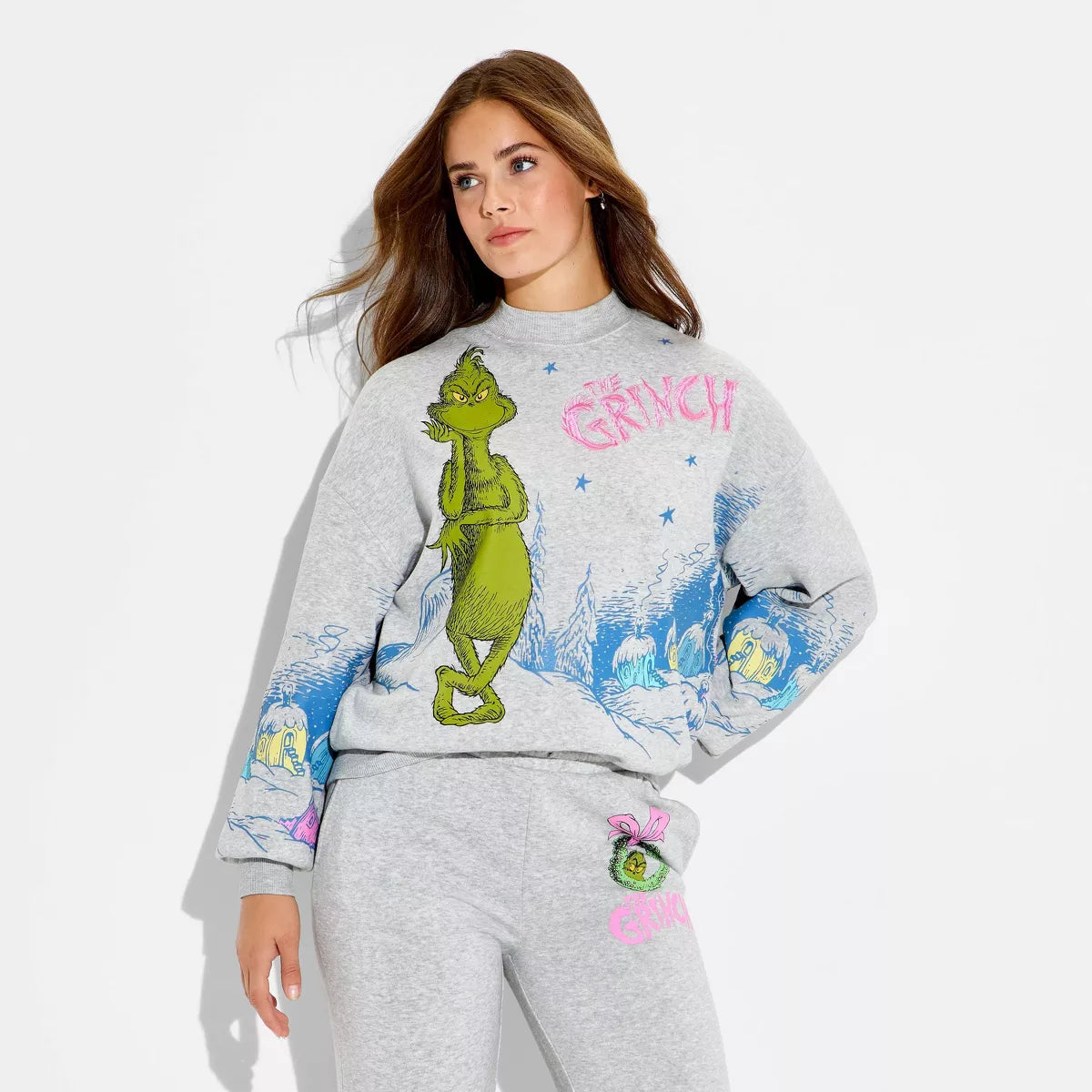 Women'S Grinch Fleece Graphic Sweatshirt - Heather Gray