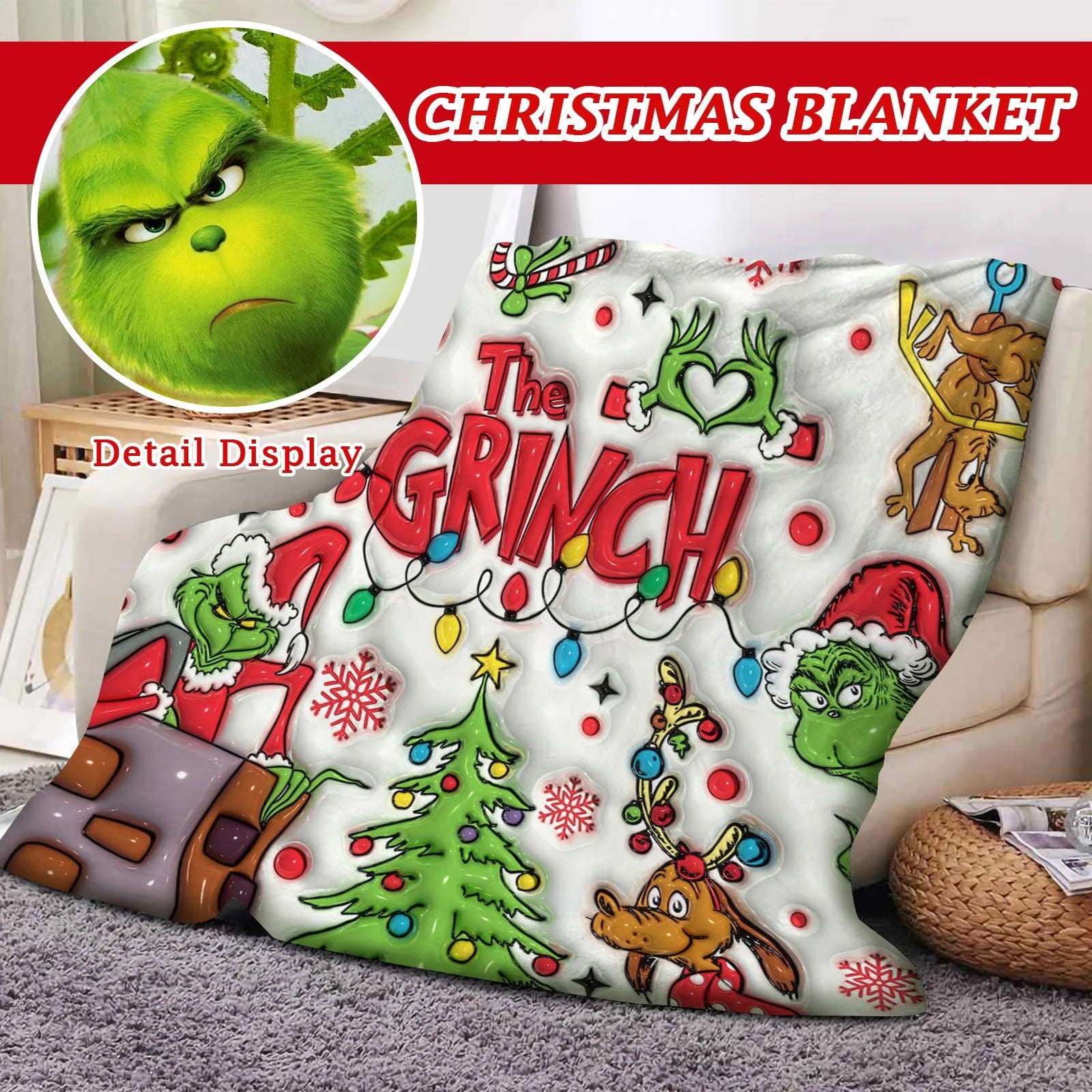 Christmas the Grinch Fleece Throw Blanket Soft Comfortable Plush Flannel Lightweight Breathable Blanket for Home Sofa Bed Car Camping and as Christmas Gifts