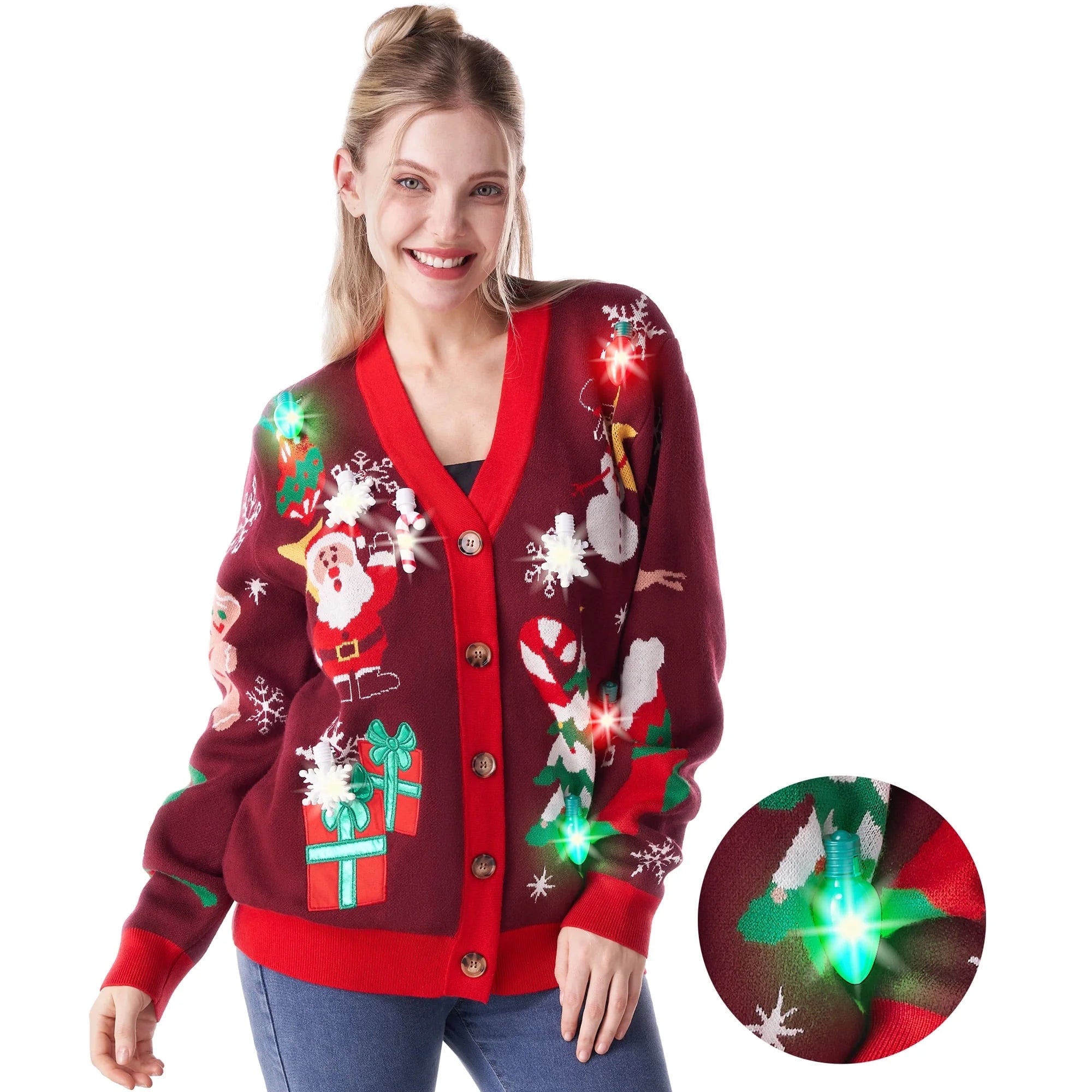 Light up Christmas Sweater Cardigan,Ugly Christmas Sweaters for Women,Funny Rudolph Reindeer Jumper Xmas Sweater for Women