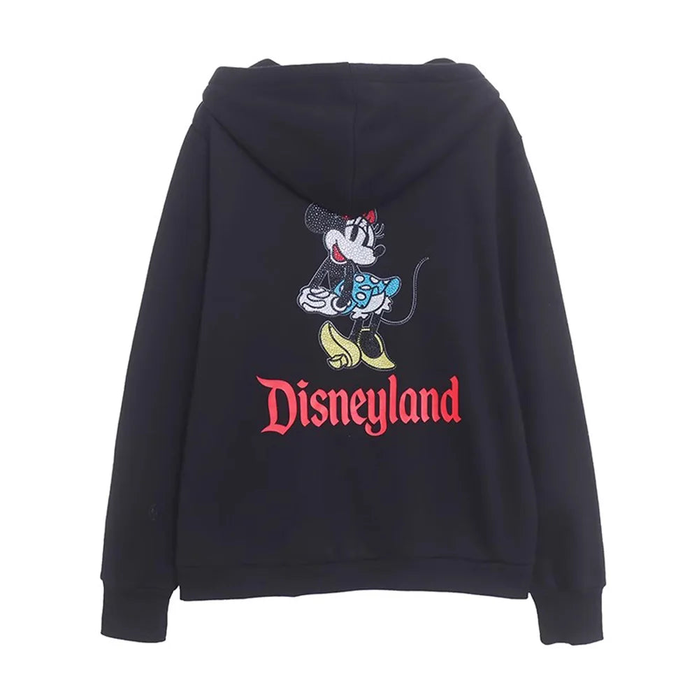 Disneyland Sweatshirt Castle Shining  Mickey Disneyworld Letter Glitter Minnie Unisex Couple Women Zip Pocket Hooded Jumper Top