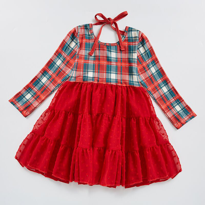 Boutique Red Plaid Tutu Ruffle Girls Christmas Dress-0