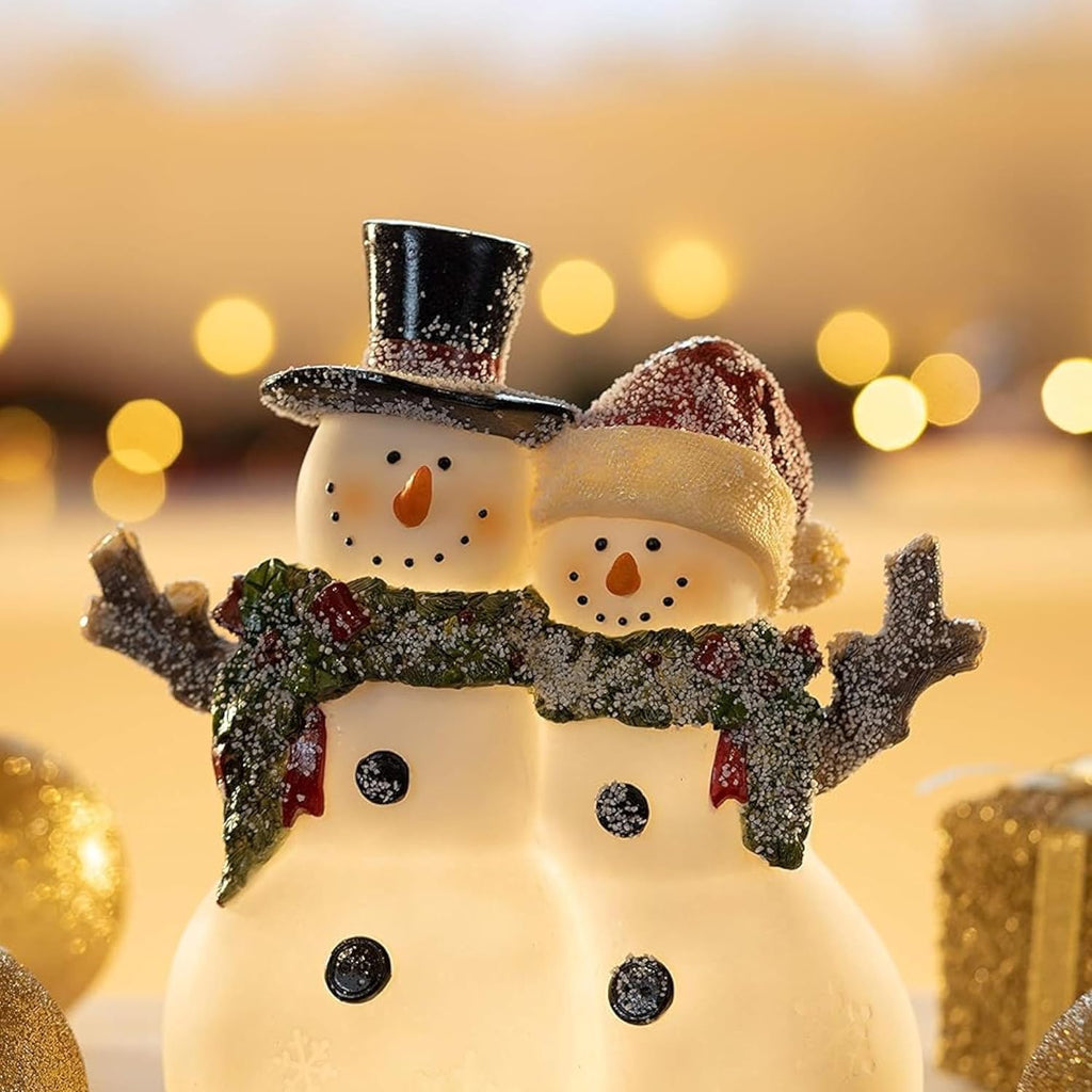 Christmas Snowman Couple Decor - LED Lighted Figurines, Indoor Glowing Holiday Decorations, Festive Fiber Optic Resin Snowman Light Up