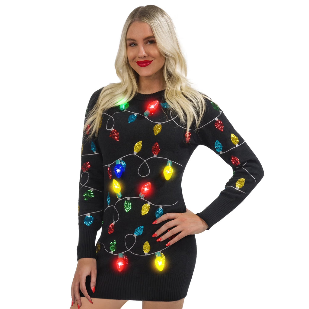 Light up Christmas Sweater Dress,Ugly Christmas Sweaters for Women,Funny Black Long Christmas Dress for Women 2024