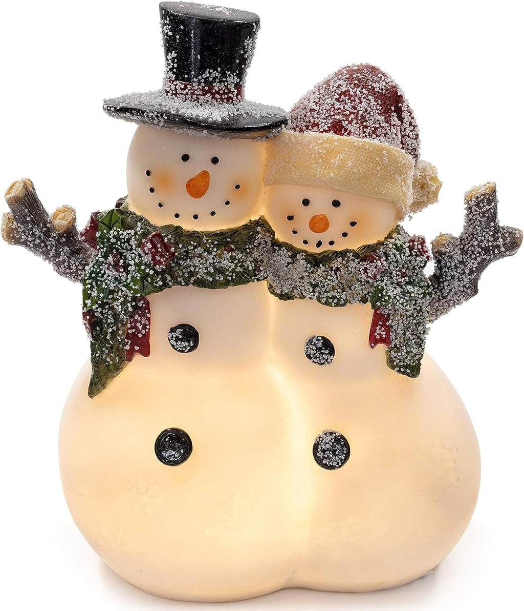 Christmas Snowman Couple Decor - LED Lighted Figurines, Indoor Glowing Holiday Decorations, Festive Fiber Optic Resin Snowman Light Up