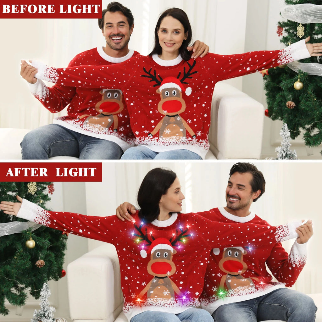 Ugly Christmas Sweater for Women Men,Light up Christmas Sweater,Funny Reindeer Red Unisex Xmas Ugly Sweaters for Couples