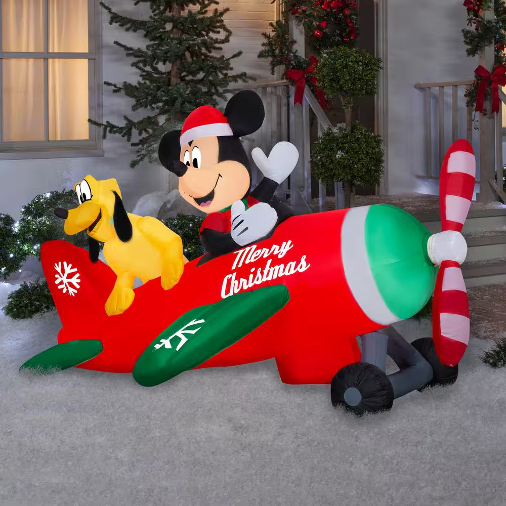 53.94 In. H X 74.41 In. W X 77.95 In. L Christmas Animated Airblown-Mickey and Pluto Clubhouse Airplane Scene W/Leds