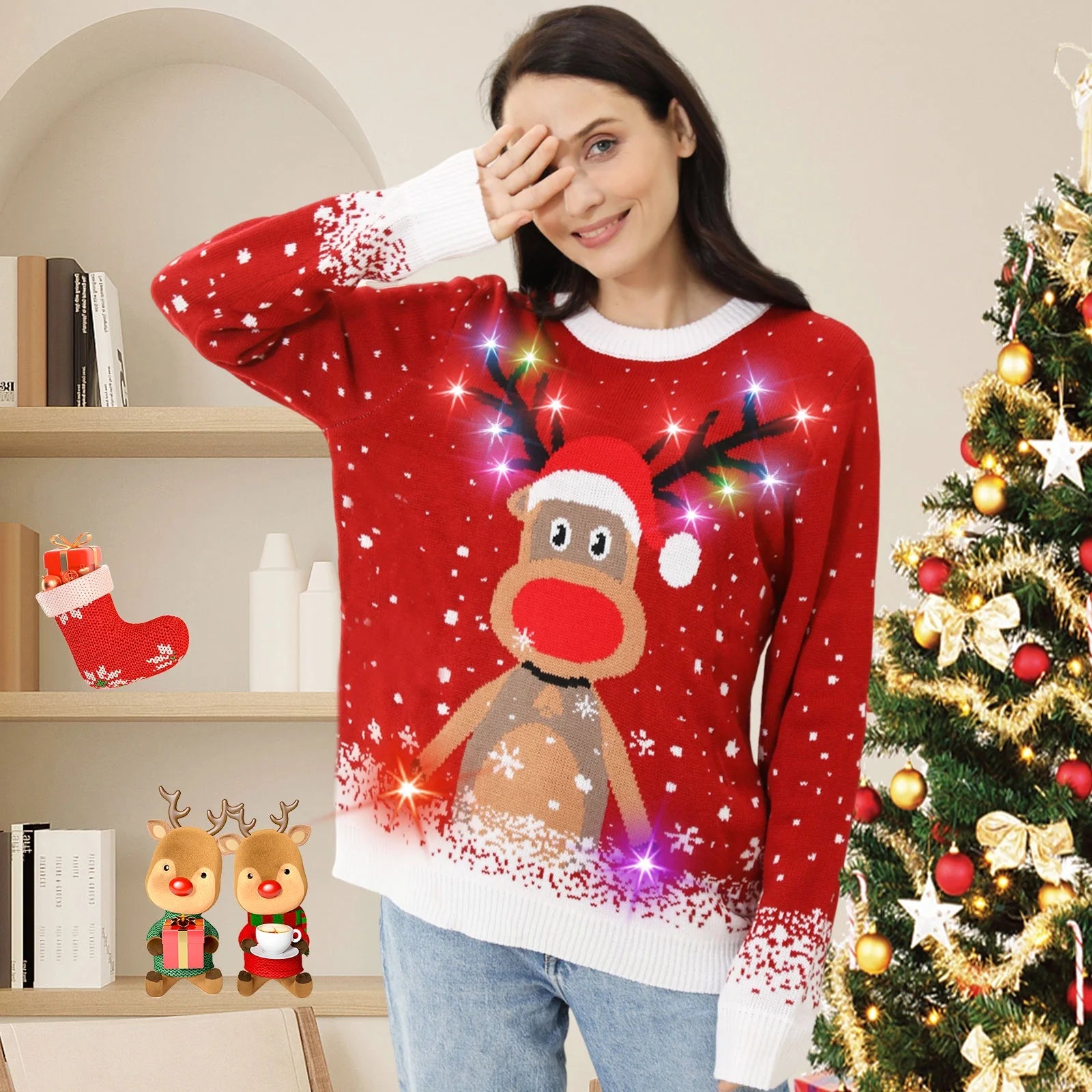 Ugly Christmas Sweater for Women Men,Light up Christmas Sweater,Funny Reindeer Red Unisex Xmas Ugly Sweaters for Couples