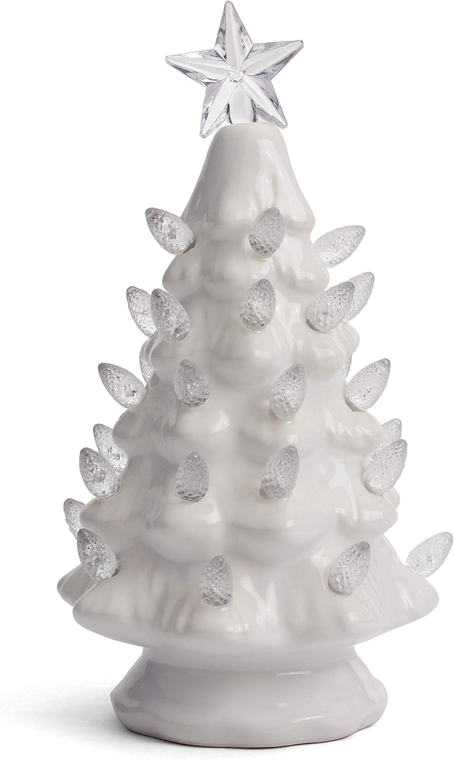 Ceramic Christmas Tree with Lights - Vintage White (Small, 6.75 Inch)