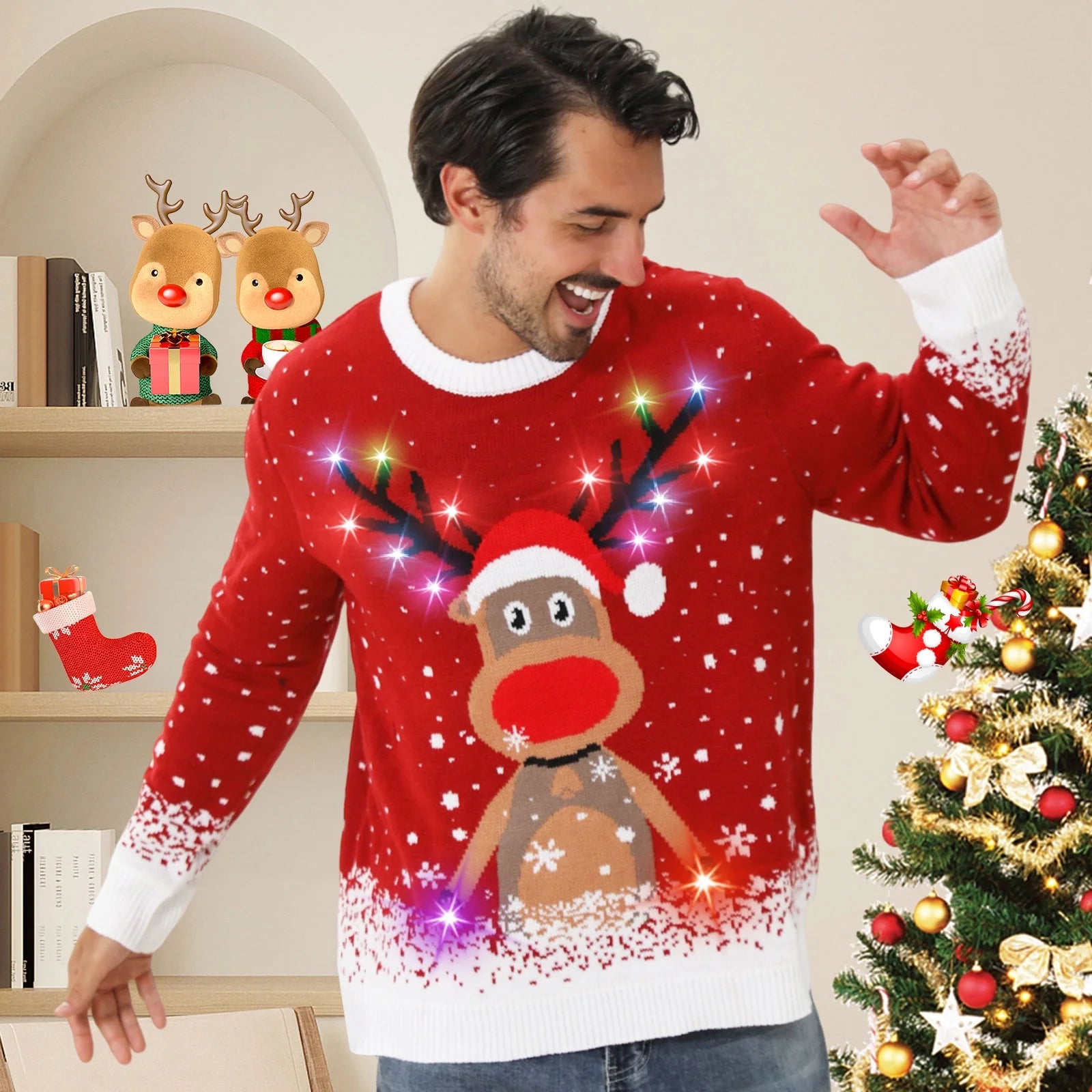 Ugly Christmas Sweater for Women Men,Light up Christmas Sweater,Funny Reindeer Red Unisex Xmas Ugly Sweaters for Couples