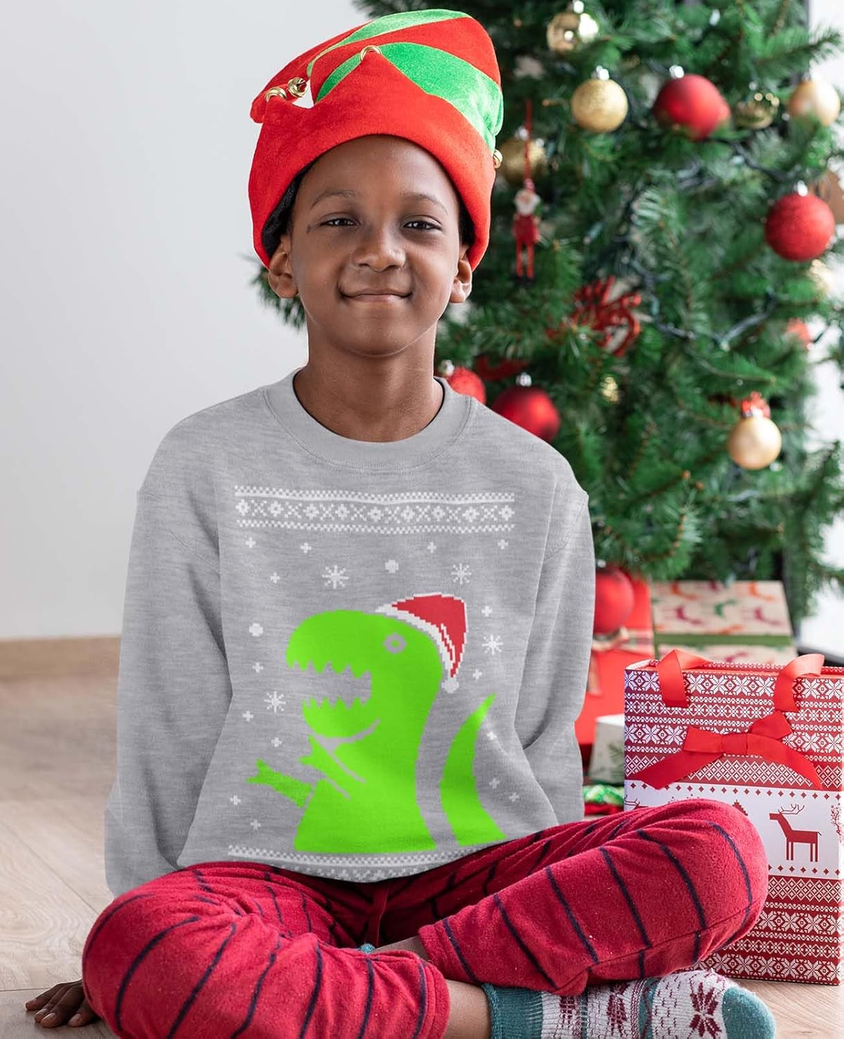 Big Green Trex Santa Ugly Christmas Sweater - Funny Youth Kids Sweatshirt
