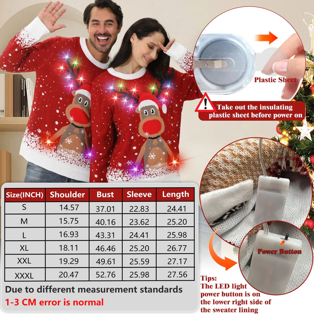 Ugly Christmas Sweater for Women Men,Light up Christmas Sweater,Funny Reindeer Red Unisex Xmas Ugly Sweaters for Couples